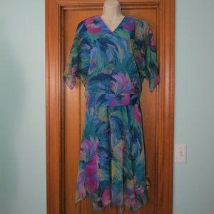 Siasia New York 2 Piece Dress Floral Chiffon Lined Multicolor Blouson